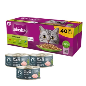 WHISKAS Adult paketėliai 40 x 85 g Fishy Treats - drėgnas maistas suaugusioms katėms drebučiuose (su lašiša, tunu, menke, balta žuvimi)