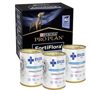 PURINA PVD FortiFlora Dog 30 kotikest + 3x ENZO VET hüpoallergeenne dieet küülikuga koertele 400g