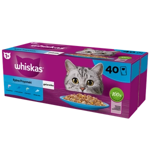 WHISKAS Adult paketėliai 40 x 85 g Fishy Treats - drėgnas maistas suaugusioms katėms drebučiuose (su lašiša, tunu, menke, balta žuvimi)