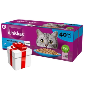 WHISKAS Adult paketėliai 40 x 85 g Fishy Treats - drėgnas maistas suaugusioms katėms drebučiuose (su lašiša, tunu, menke, balta žuvimi)