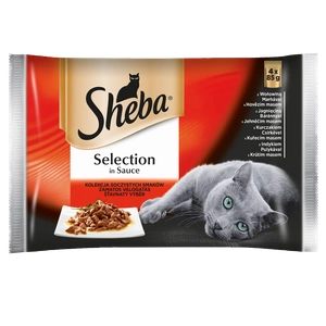 SHEBA kotike 4x85g Selection in Sauce Juicy Flavours - märg kassitoit kastmes (veiselihaga, lambalihaga, kana, kalkuniga)