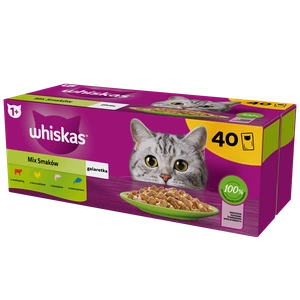 WHISKAS Adult paketėliai 40 x 85 g Fishy Treats - drėgnas maistas suaugusioms katėms drebučiuose (su lašiša, tunu, menke, balta žuvimi)