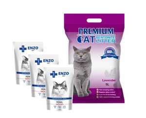 Premium Cat Clumping Bentoniitpuru - lavendlipuru 5L + 3x ENZO VET Renal koos veiselihapulbriga 100g