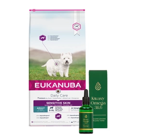 EUKANUBA Daily Care Adult Sensitive Skin 12kg + LAB-V Omega 3 ja 6 rasvhapped koerte ja kasside üldisele tervisele, karvkattele ja nahale 50ml