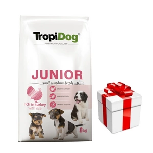TROPIDOG Premium Junior väikestele ja keskmise suurusega koertele lõhe ja riisiga 8kg