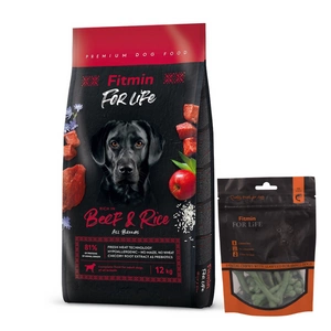 FITMIN For Life veiseliha riisiga 12kg + FITMIN hambaravi koertele merevetikaga 70g