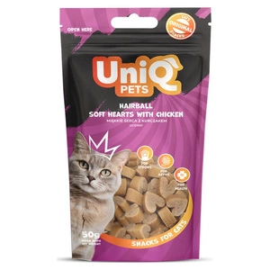 UNIQ PETS kasside maiuspalad - karvapallide pehmed südamed kanaga 50g