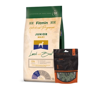 FITMIN Maxi Junior Lamb&Beef 12kg + FITMIN Hambaravi koertele merevetikaga 70g