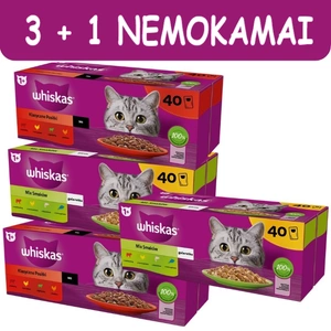 WHISKAS Adult paketėliai 40 x 85 g Fishy Treats - drėgnas maistas suaugusioms katėms drebučiuose (su lašiša, tunu, menke, balta žuvimi)
